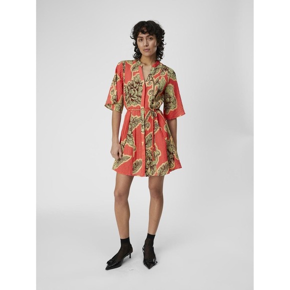 Object Collectors Item Dresses & Skirts - Object Collectors Item Floral Mini Dress Red Coral Green Short Sleeve Size 36